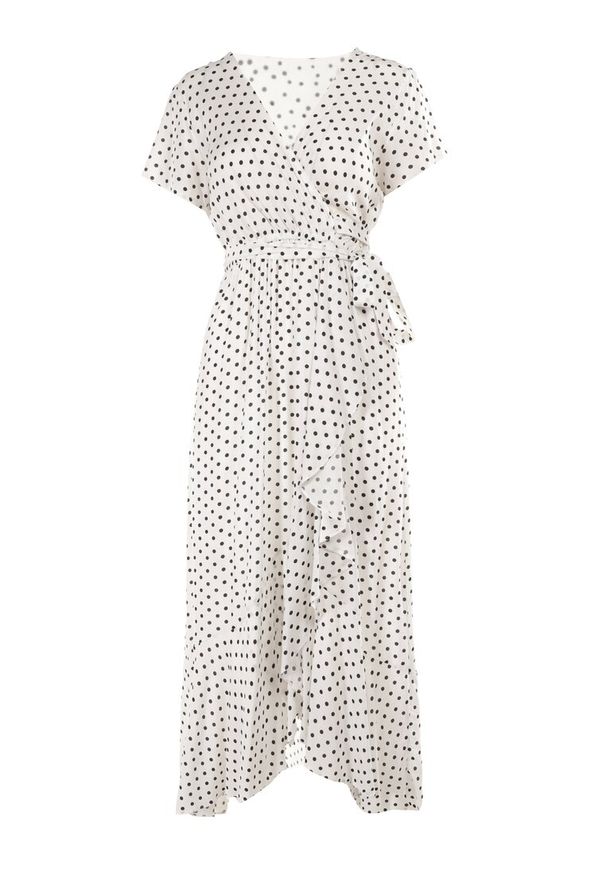 Born2be - Biała Sukienka Echosia. Okazja: na co dzień. Typ kołnierza: dekolt w serek. Kolor: biały. Materiał: wiskoza, tkanina. Wzór: grochy. Typ sukienki: proste, kopertowe. Styl: elegancki, casual