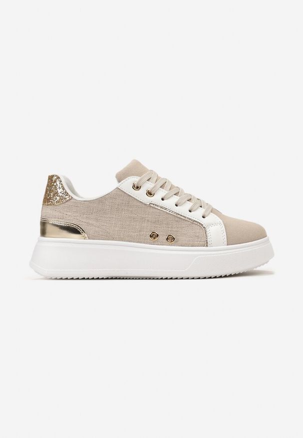 Born2be - Beżowe Sneakersy przed Kostkę na Grubej Podeszwie z Metalicznymi Wstawkami Aglimria. Okazja: do pracy. Wysokość cholewki: przed kostkę. Kolor: beżowy
