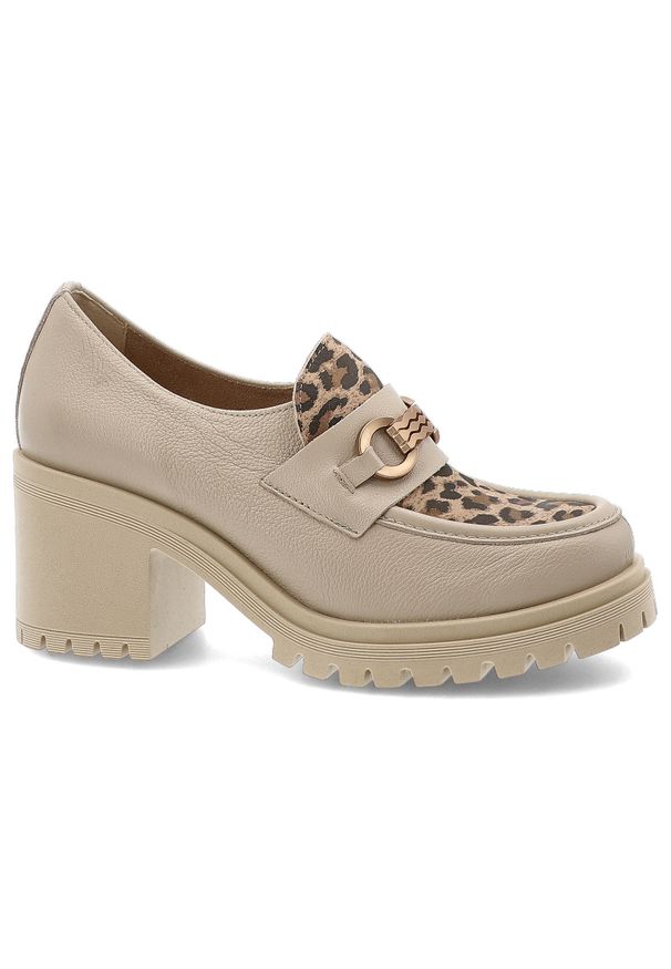 Beżowe Półbuty Armodo Stylowe Obuwie Damskie Lampart. Kolor: beżowy. Materiał: skóra. Wzór: aplikacja. Obcas: na obcasie. Styl: elegancki. Wysokość obcasa: średni