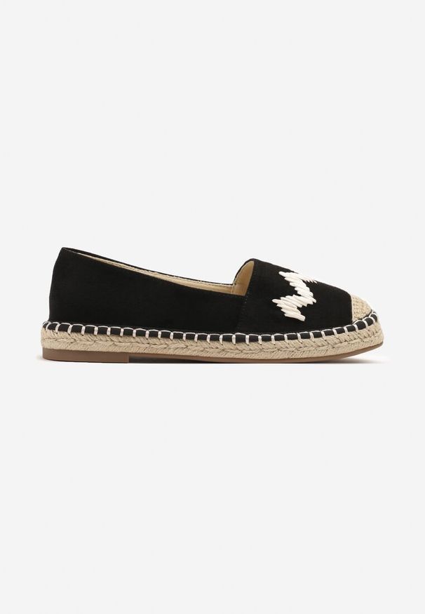 Renee - Czarne Espadryle Ozdobione Zygzakami i Plecionym Sznurkiem Sdivisa. Kolor: czarny. Materiał: jeans. Wzór: aplikacja