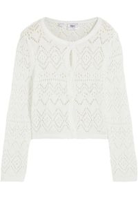 bonprix - Sweter dziewczęcy rozpinany w ażurowy wzór. Kolor: biały. Wzór: ażurowy #1