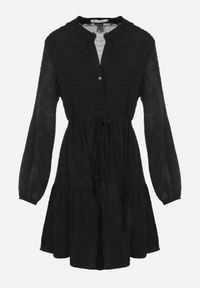 Born2be - Czarna Rozkloszowana Sukienka ze Sznurkiem w Pasie Juna. Okazja: na co dzień. Typ kołnierza: dekolt w kształcie V. Kolor: czarny. Długość rękawa: długi rękaw. Typ sukienki: proste. Styl: casual, elegancki #2