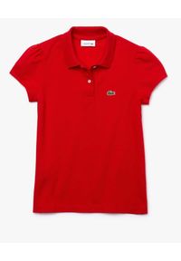 Lacoste - LACOSTE - Czerwona koszulka polo z wyhaftowanym logo. Typ kołnierza: polo. Kolor: czerwony. Materiał: prążkowany, bawełna. Wzór: haft. Styl: elegancki