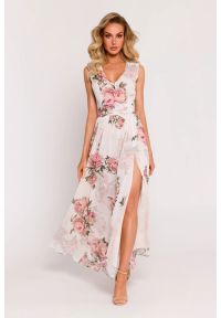 MOE - Długa sukienka szyfonowa w kwiaty z rozcięciem na nodze ecru. Okazja: na ślub cywilny, na wesele, na imprezę. Materiał: szyfon. Wzór: kwiaty. Sezon: lato. Długość: maxi #4