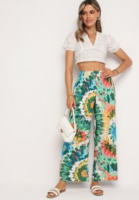Born2be - Zielono-Niebieskie Szerokie Spodnie z Wiskozą i Wysokim Stanem ze Wzorem Tie-Dye i Gumką w Pasie Halflea. Stan: podwyższony. Kolor: zielony. Materiał: wiskoza. Sezon: lato