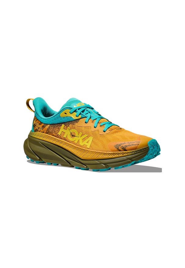 HOKA - Buty do biegania po asfalcie M'S Challenger Atr 7 Gtx - pomarańczowe. Kolor: żółty, pomarańczowy, wielokolorowy, niebieski. Materiał: skóra. Szerokość cholewki: normalna. Technologia: Gore-Tex