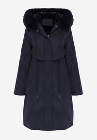 Born2be - Granatowa Kurtka za Kolano ze Ściągaczem i Kapturem z Futerkiem Adoresa. Okazja: na co dzień. Kolor: niebieski. Materiał: futro. Styl: casual #4
