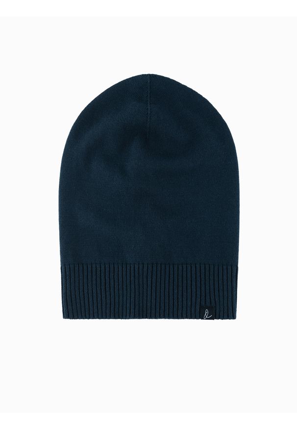 Ombre Clothing - Męska czapka zimowa beanie z bawełnianej dzianiny – granatowa V4. Kolor: niebieski. Materiał: dzianina, bawełna. Wzór: melanż. Sezon: zima. Styl: casual, klasyczny