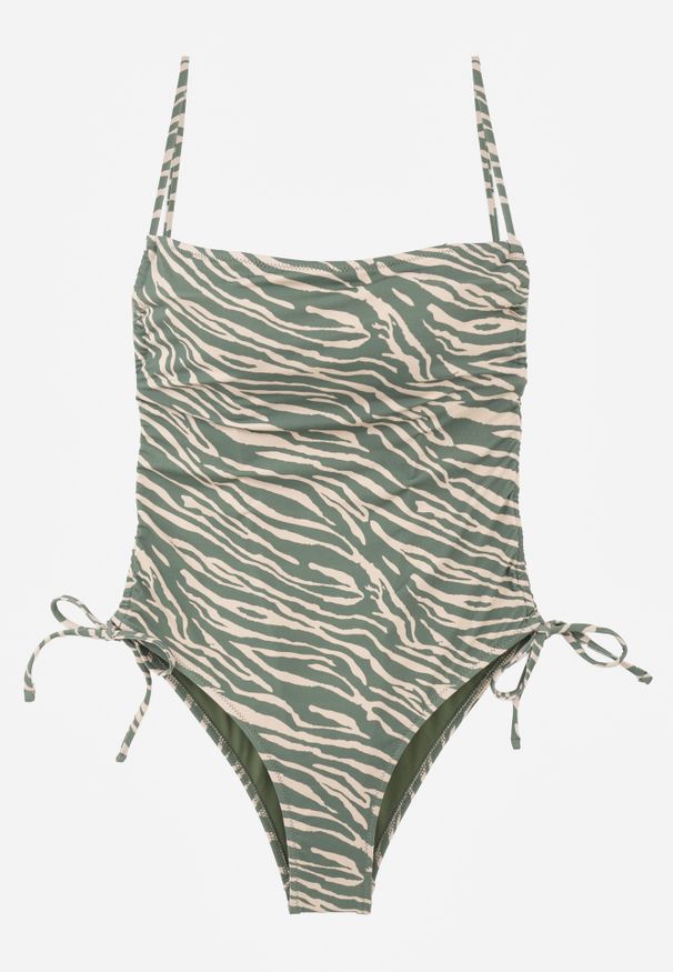 Renee - Zielony Strój Kąpielowy z Odkrytymi Plecami i Wiązaniami Zarinania. Kolekcja: plus size. Kolor: zielony. Materiał: koronka. Wzór: nadruk