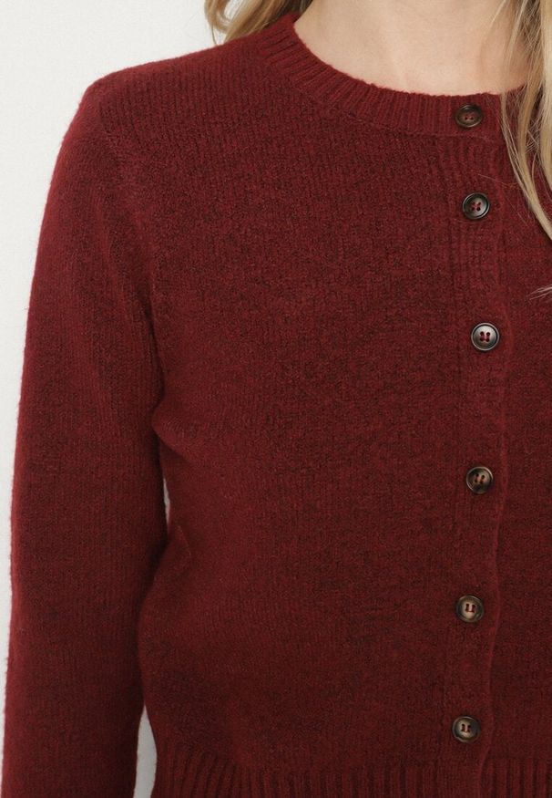 Born2be - Bordowy Kardigan z Wełną o Prostym Kroju z Okrągłym Dekoltem Reissima. Kolor: czerwony. Materiał: wełna. Długość rękawa: długi rękaw. Długość: długie. Styl: klasyczny