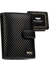 Pionowy portfel męski ze skóry naturalnej w czarnym kolorze wyposażony w system RFID, w zestawie z brelokiem - Peterson. Kolor: czarny. Materiał: skóra #1