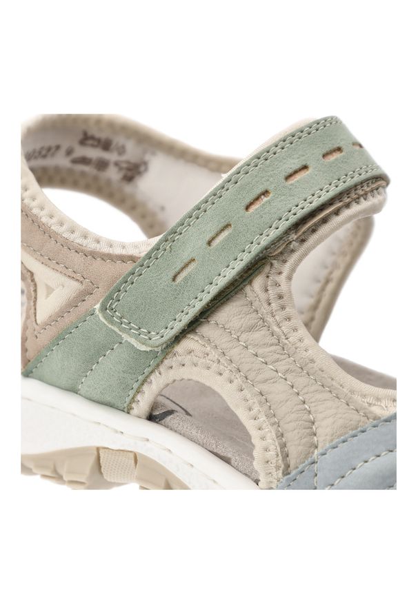 Sandały damskie Rieker, cholewka ze skóry ekologicznej z kolorowymi wstawkami regulowanymi paskami na rzep odkryty fason, kolorowe, 68866-94. Zapięcie: rzepy. Materiał: skóra ekologiczna. Wzór: kolorowy