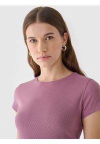 4f - 4F T-shirt slim gładki damski - różowy S. Okazja: na co dzień. Kolor: różowy. Materiał: dzianina, elastan, materiał, prążkowany, bawełna, skóra. Długość rękawa: krótki rękaw. Długość: krótkie. Wzór: gładki. Styl: casual, klasyczny, sportowy #1