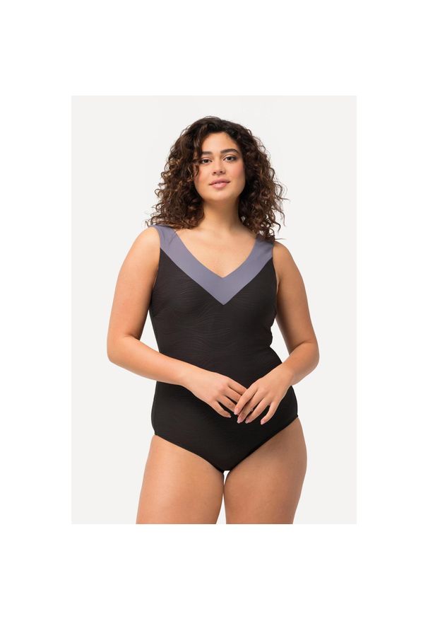 ULLA POPKEN - Damski Strój kąpielowy struktura miękkie miseczki skrzyżowane z tyłu ramiączka. Kolekcja: plus size. Kolor: czarny. Materiał: elastan, poliester, materiał