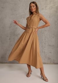 Renee - Beżowa Bawełniano-Wiskozowa Sukienka Koszulowa Bez Rękawów z Paskiem Athithoe. Okazja: na co dzień. Kolor: beżowy. Materiał: wiskoza, bawełna. Długość rękawa: bez rękawów. Typ sukienki: koszulowe. Styl: casual, elegancki #5
