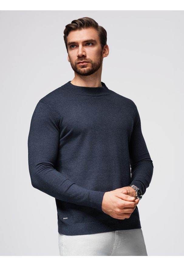 Ombre Clothing - Dzianinowy męski półgolf z wiskozą – granatowy melanż V4 - Rozmiar: L. Kolor: niebieski. Materiał: wiskoza, dzianina. Wzór: melanż. Styl: klasyczny