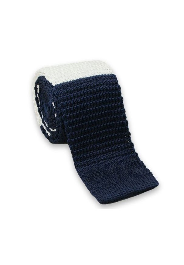 Dziergany Krawat Męski KNIT w Grube Pasy - Chattier, Granatowo-Biały. Kolor: niebieski. Materiał: poliester. Wzór: prążki, paski. Styl: sportowy