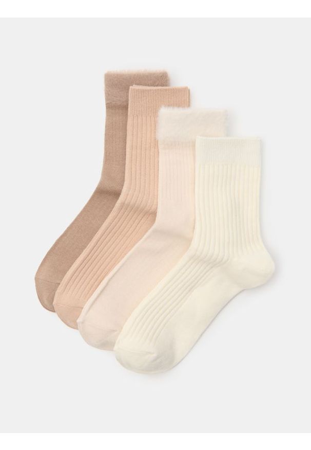 Sinsay - Długie prążkowane skarpety 4 pack - beżowy. Kolor: beżowy. Materiał: prążkowany