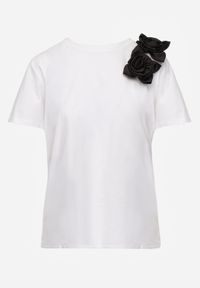 Born2be - Biało-Czarny Klasyczny T-shirt z Bawełny Zdobiony Aplikacją 3D w Kształcie Kwiatów Noebel. Okazja: na co dzień. Kolor: biały. Materiał: bawełna. Wzór: aplikacja, kwiaty. Styl: klasyczny #8