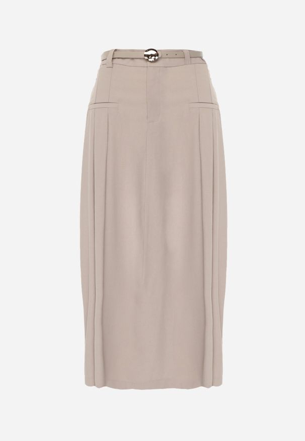 Born2be - Beżowa Wiskozowa Spódnica o Rozkloszowanym Kroju z Plisami i Paskiem Rolea. Okazja: na co dzień. Kolor: beżowy. Materiał: wiskoza. Styl: casual, elegancki, klasyczny