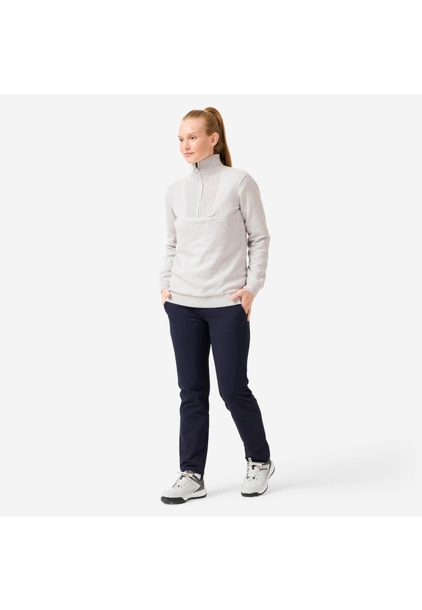 INESIS - Sweter do golfa damski wiatroszczelny MW500 z wysokim kołnierzem. Typ kołnierza: golf. Kolor: szary. Materiał: materiał, poliester, bawełna. Styl: klasyczny, sportowy, elegancki