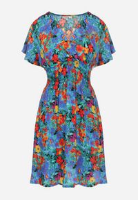 Born2be - Niebieska Sukienka Mini z Szeroką Gumką w Talii i Kopertowym Dekoltem Nevun. Typ kołnierza: dekolt kopertowy. Kolor: niebieski. Materiał: wiskoza. Wzór: kolorowy, aplikacja, kwiaty. Sezon: lato. Typ sukienki: kopertowe. Długość: mini #5