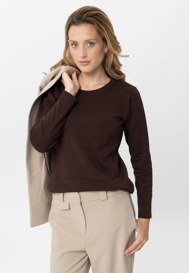 Volcano - Gładki longsleeve damski L-BIANCO. Okazja: na co dzień. Kolor: brązowy. Materiał: jersey, dzianina, materiał, bawełna, jeans. Długość rękawa: długi rękaw. Długość: długie. Wzór: gładki. Styl: casual, elegancki