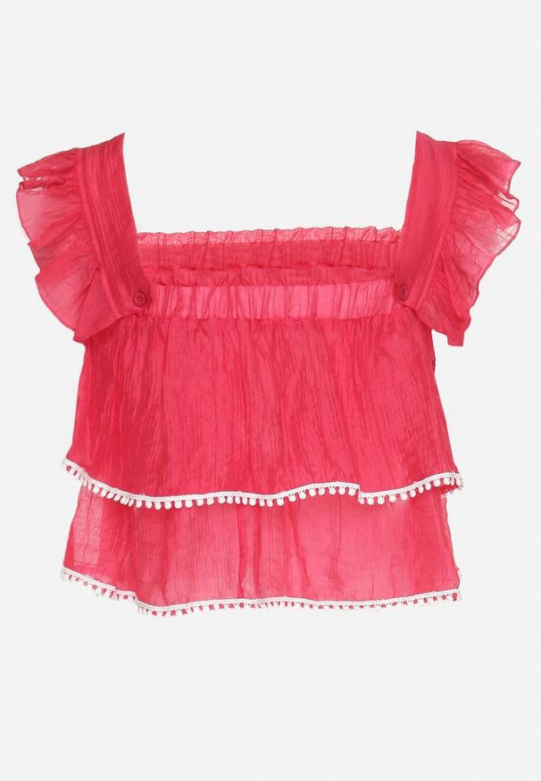 Born2be - Fuksjowy Top na Ramiączkach z Możliwością Odpięcia Ozdobiony Falbanką Neveviana. Okazja: na co dzień. Typ kołnierza: kołnierz z falbankami, dekolt w serek. Kolor: różowy. Długość rękawa: na ramiączkach. Wzór: aplikacja. Sezon: lato. Styl: casual