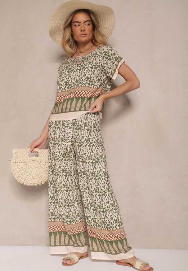 Renee - Zielony Komplet z Bawełny w Print Boho Szerokie Spodnie i Koszulka Telanitha. Kolor: zielony. Materiał: bawełna. Wzór: nadruk