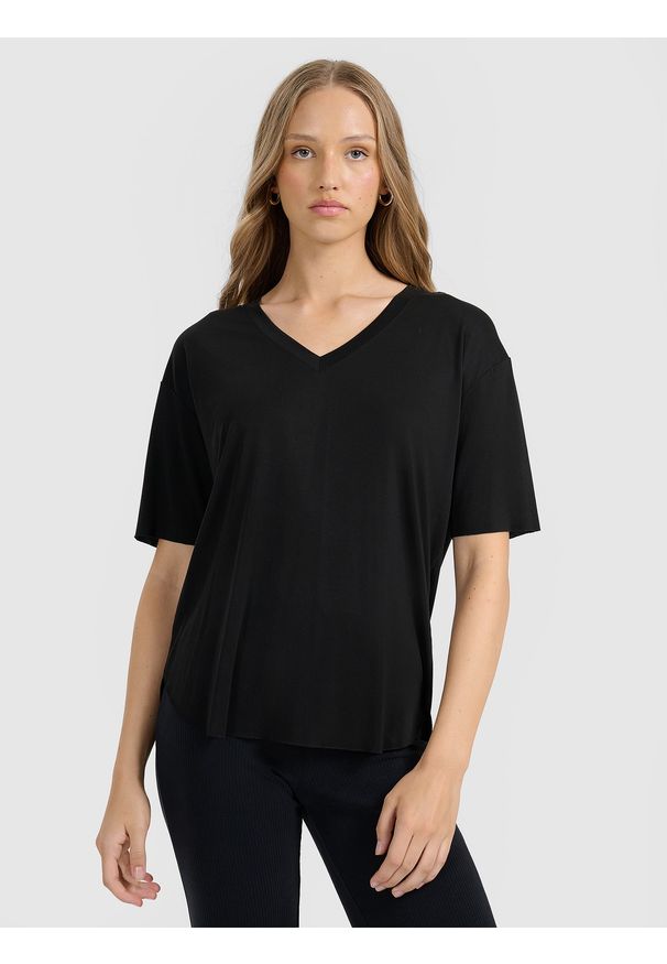 4f - 4F T-shirt oversize z modalem damski - czarny S. Okazja: na co dzień. Kolor: czarny. Styl: casual