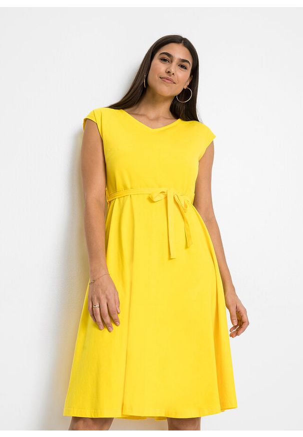 bonprix - Sukienka shirtowa z paskiem. Kolor: żółty