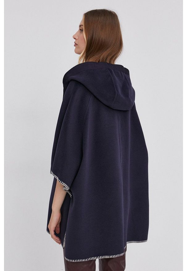 Marella - Poncho. Typ kołnierza: kaptur. Kolor: niebieski. Materiał: tkanina. Wzór: gładki
