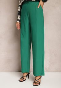 Renee - Zielone Spodnie Szerokie w Stylu Paper Bag z Materiałowym Paskiem Xennia. Kolor: zielony. Materiał: materiał #2