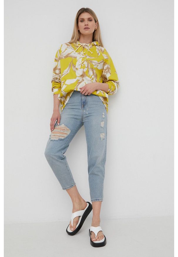 TwinSet - Twinset bluza bawełniana damska kolor żółty z kapturem wzorzysta. Typ kołnierza: kaptur. Kolor: żółty. Materiał: bawełna. Długość rękawa: raglanowy rękaw