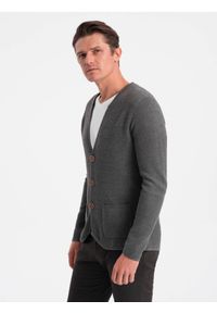 Ombre Clothing - Dzianinowy męski kardigan z kieszeniami i ozdobnymi guzikami – grafitowy melanż V2. Okazja: na co dzień. Kolor: szary. Materiał: dzianina. Wzór: melanż. Styl: casual, elegancki #3