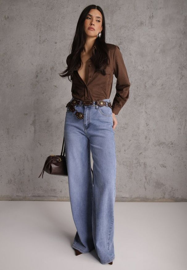 Renee - Niebieskie Szerokie Jeansy Palazzo z Bawełną Zinnarisa. Okazja: na co dzień. Stan: podwyższony. Kolor: niebieski. Styl: casual