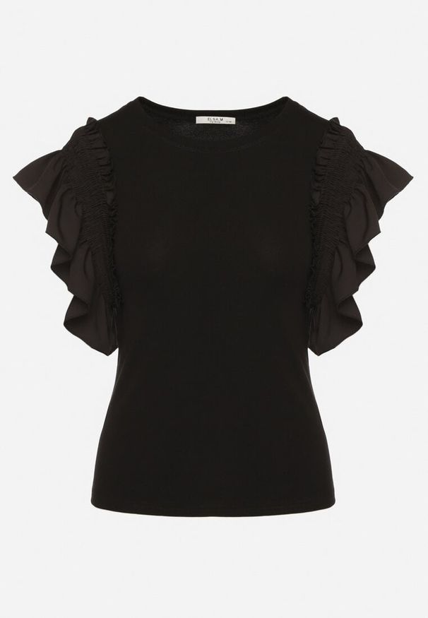 Born2be - Czarna Bluzka Ferda. Typ kołnierza: kołnierz z falbankami. Kolor: czarny. Materiał: bawełna, dzianina. Długość rękawa: krótki rękaw. Długość: krótkie. Wzór: gładki. Styl: elegancki