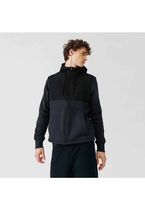KALENJI - Bluza do biegania męska Kalenji Warm+ ocieplana. Typ kołnierza: kaptur. Kolor: czarny, wielokolorowy, szary. Materiał: materiał, poliester. Sezon: zima