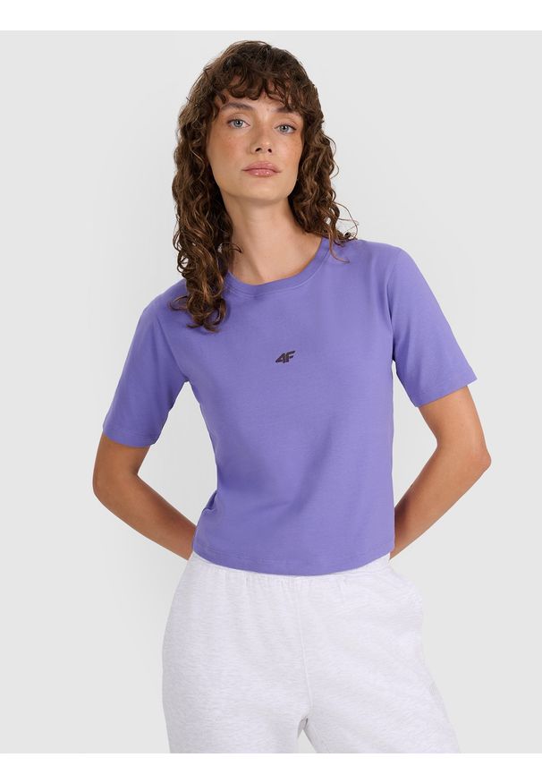 4f - 4F Crop-top slim gładki damski - fioletowy XXL. Okazja: na co dzień. Kolor: fioletowy. Materiał: jersey, bawełna. Długość rękawa: krótki rękaw. Długość: krótkie. Wzór: gładki. Styl: sportowy, casual
