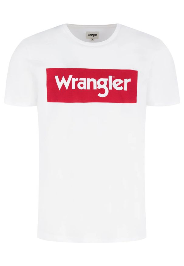 Wrangler - T-SHIRT MĘSKI WRANGLER SS LOGO TEE WHITE W742FK989. Okazja: na uczelnię. Materiał: bawełna, jeans, materiał. Wzór: nadruk. Sezon: lato. Styl: klasyczny