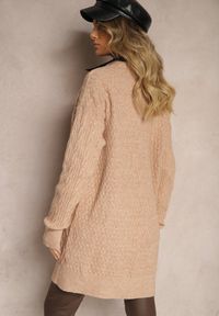 Renee - Ciemnobeżowy Kardigan Nierozpinany o Długim Kroju Ozdobiony Tłoczeniem Vailithe. Okazja: na co dzień, na spacer. Kolor: beżowy. Materiał: jeans. Długość: długie. Wzór: aplikacja. Styl: casual, elegancki #2