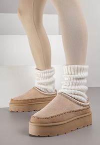 Born2be - Ciemnobeżowe Śniegowce Ocieplone na Platformie z Ozdobnym Wyszywaniem Reitenna. Okazja: na co dzień. Kolor: beżowy. Materiał: jeans. Obcas: na platformie. Styl: elegancki, casual, klasyczny