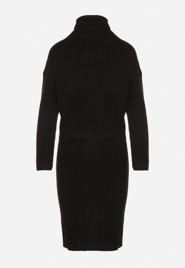 Born2be - Czarny Komplet Dzianinowy z Wełną i Bawełną Golf i Dopasowana Sukienka Reilaia. Kolor: czarny. Materiał: wełna, bawełna, dzianina. Sport: golf