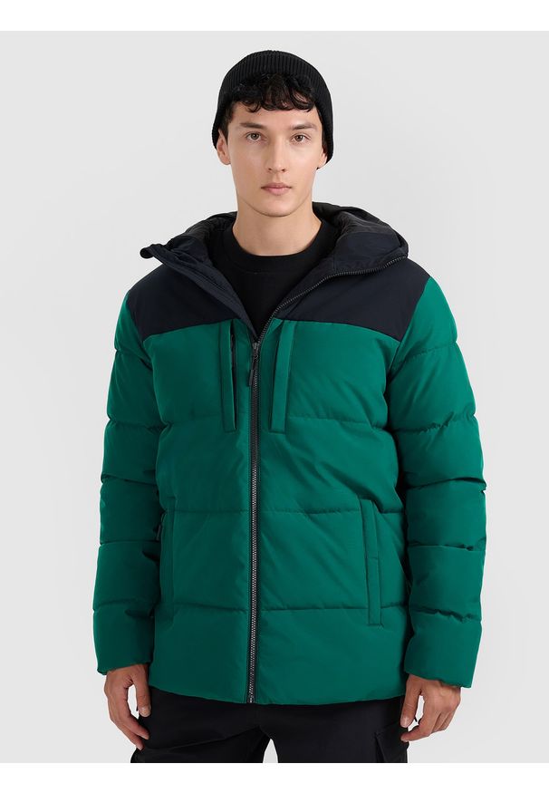 4f - 4F Kurtka puchowa z wypełnieniem syntetycznym męska - zielona S. Okazja: na co dzień. Typ kołnierza: kaptur. Kolor: turkusowy. Materiał: puch, syntetyk. Styl: casual