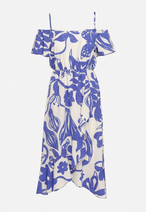 Born2be - Niebiesko-Biała Sukienka Typu Hiszpanka na Ramiączkach z Gumką w Pasie i Kopertowym Dołem Nellithine. Okazja: na co dzień. Typ kołnierza: dekolt hiszpanka. Kolor: niebieski. Długość rękawa: na ramiączkach. Sezon: lato. Typ sukienki: kopertowe. Styl: elegancki, casual