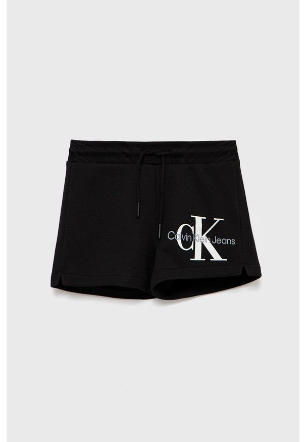 Calvin Klein Jeans szorty dziecięce kolor czarny z nadrukiem. Kolor: czarny. Materiał: materiał. Wzór: nadruk