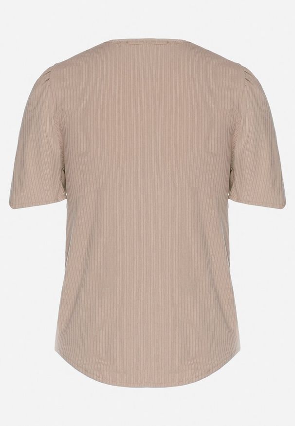 Born2be - Ciemnobeżowy Prążkowany T-shirt z Zakładkami przy Rękawach Kolanovia. Okazja: na co dzień. Kolor: beżowy. Materiał: prążkowany. Styl: casual