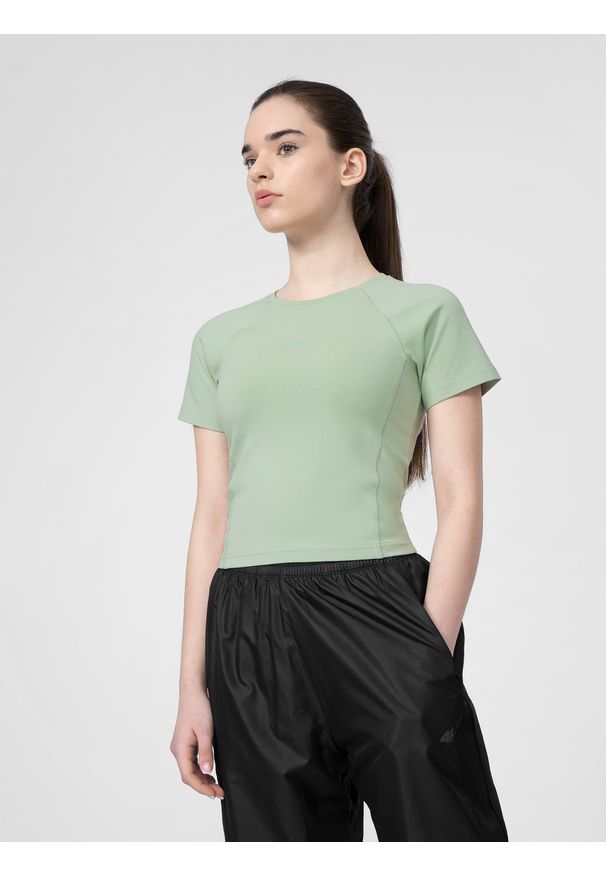 4f - T-shirt crop-top gładki damski. Kolor: zielony. Materiał: bawełna, elastan. Długość rękawa: raglanowy rękaw. Wzór: gładki