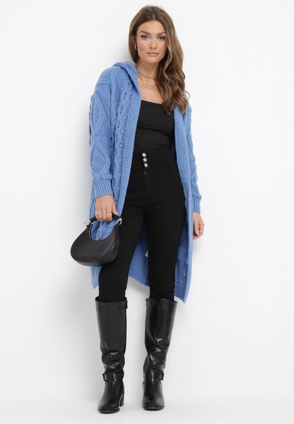 Born2be - Niebieski Niezapinany Długi Kardigan z Kapturem Wanharice. Typ kołnierza: kaptur. Kolor: niebieski. Długość: długie