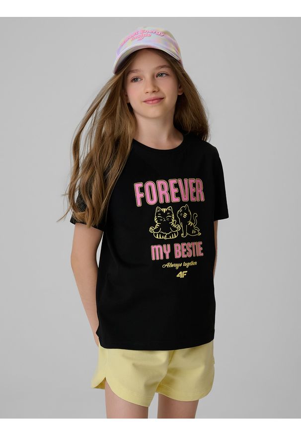 4f - 4F T-shirt regular z nadrukiem dziewczęcy - czarny 140 (9-10 lat). Okazja: na co dzień. Kolor: czarny. Materiał: materiał, bawełna, dzianina. Wzór: nadruk. Sezon: lato. Styl: casual